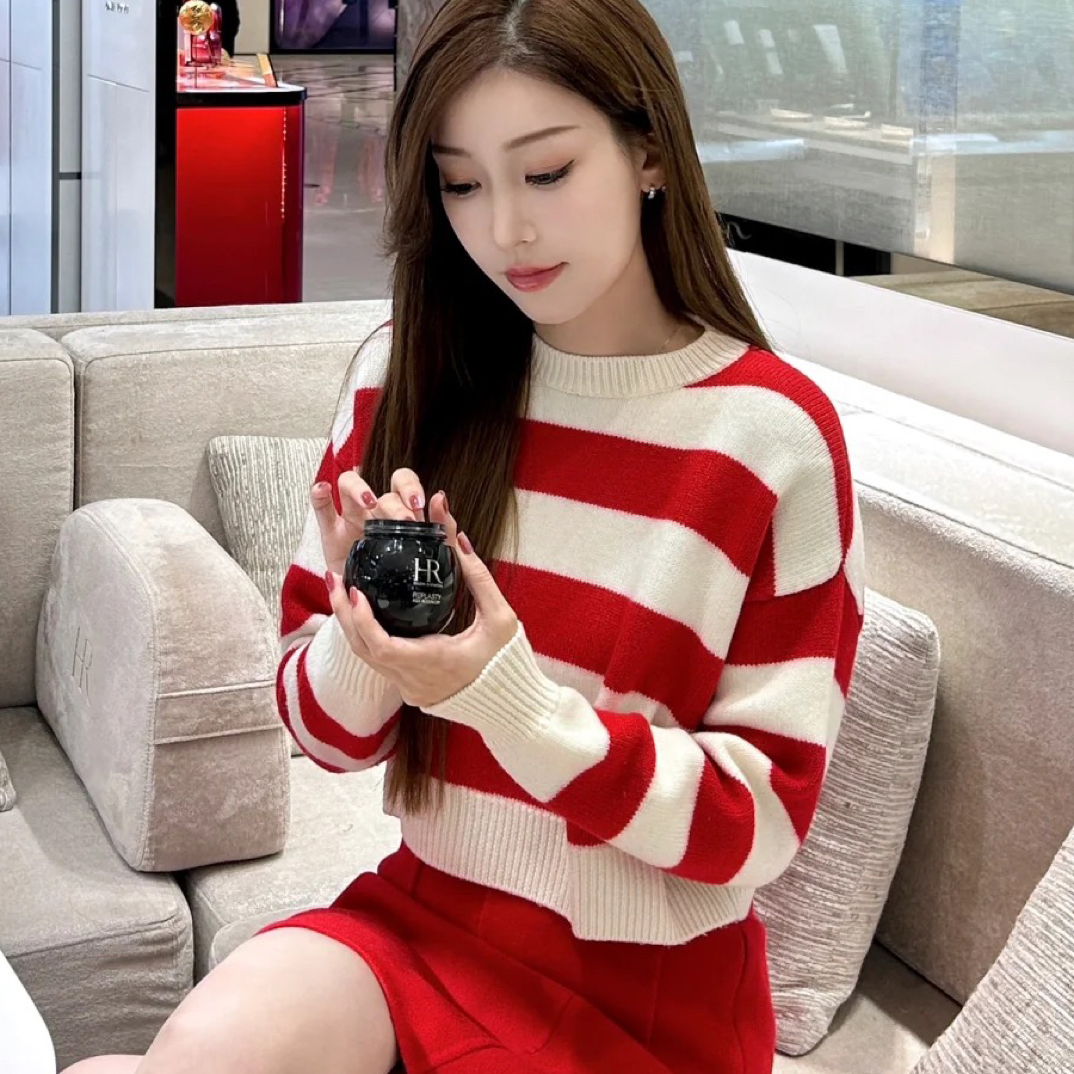 99新 MIU MIU/缪缪 红白色条纹针织毛衣/40码/A00198