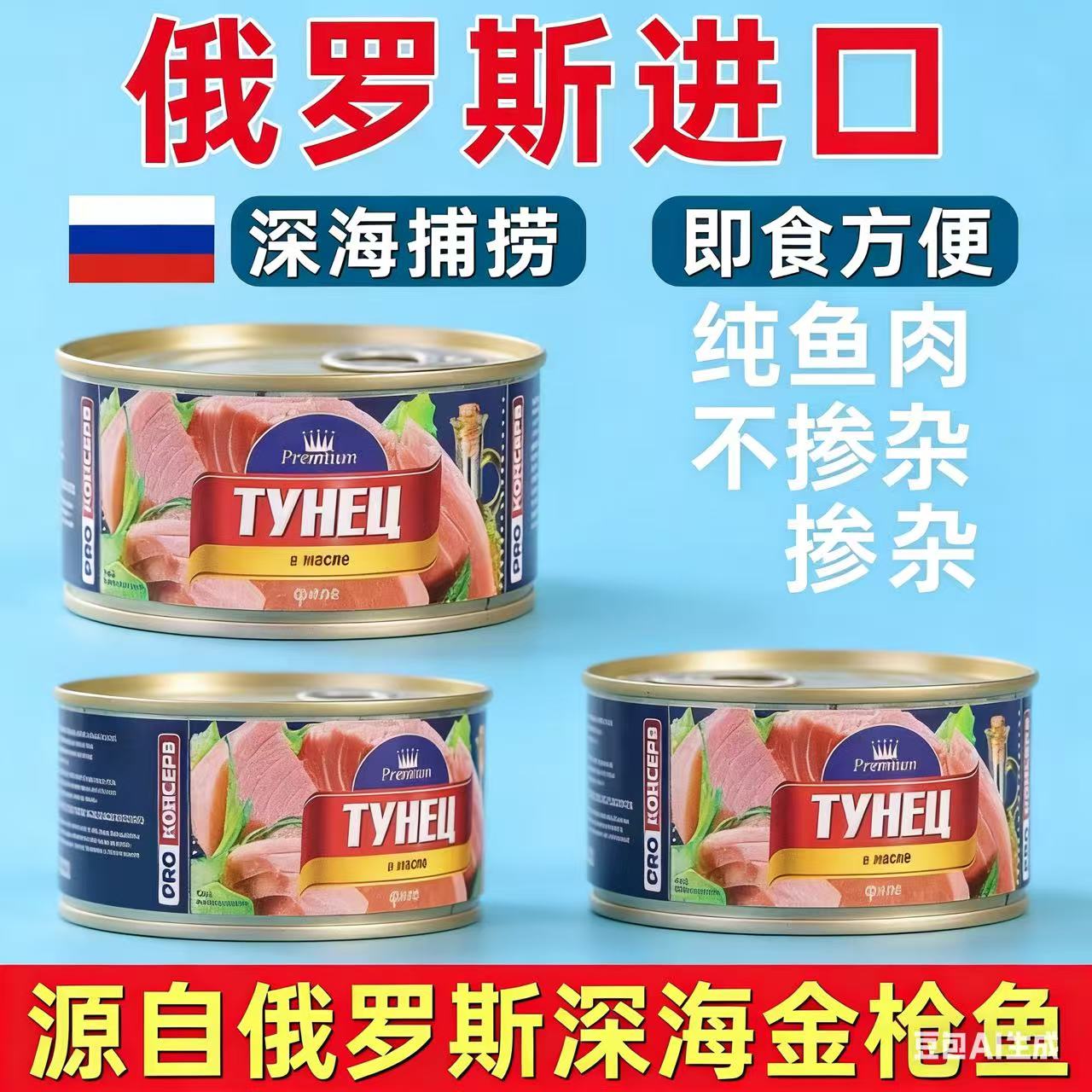 [发四罐]进口即食俄罗斯金枪鱼罐头 深海纯鱼肉 可做沙拉