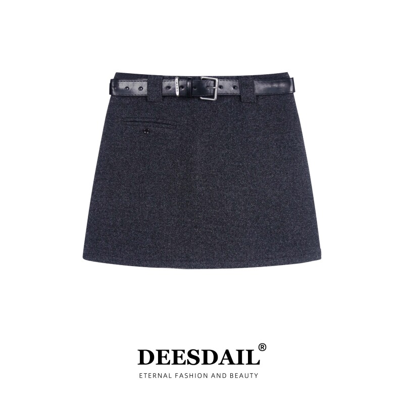 Deesdail冬季深灰色毛呢短裙百搭显瘦轻奢腰带裙裤女Q145/Q161