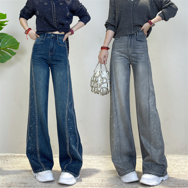 迪否烫钻窄版直筒裤女2025冬季新款裤子宽松垂感牛仔裤6305