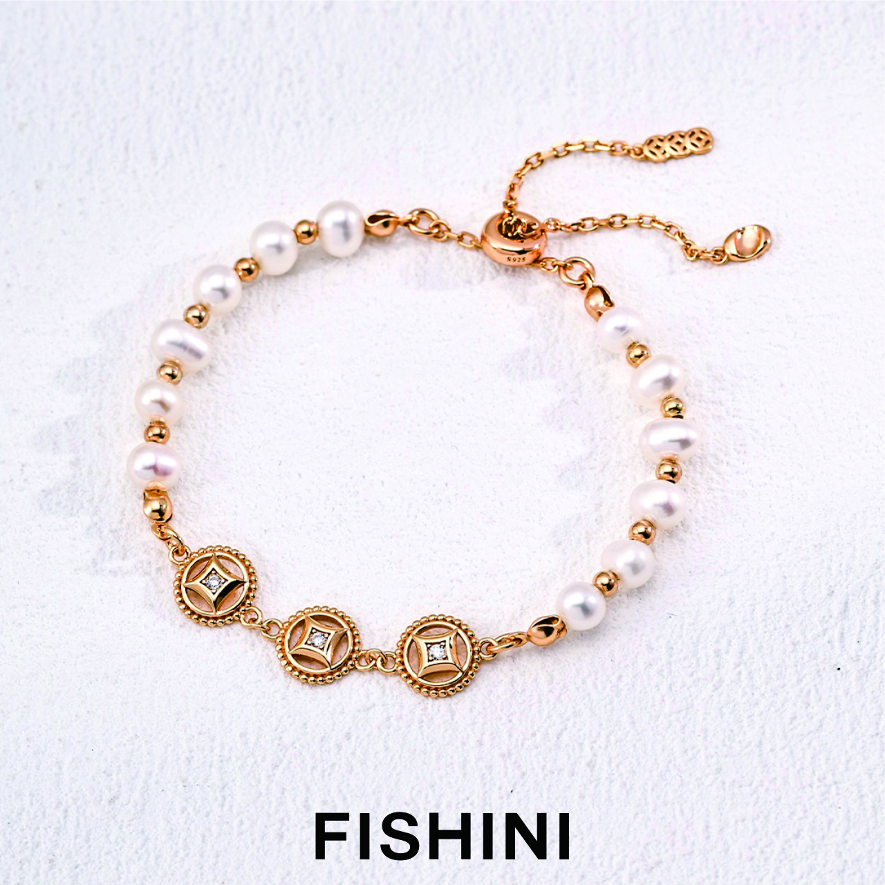 S925银天然珍珠手链钱多多系列复古金色原创设计师款