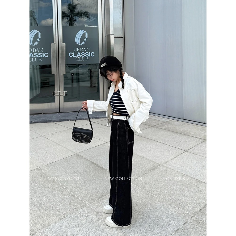 原牛黑阔腿裤女2025秋季新款休闲百搭牛仔裤771001