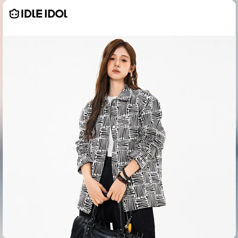 IDLE IDOL爆款美式潮流宽松色织宽松落肩单排扣复古潮牌夹克情侣