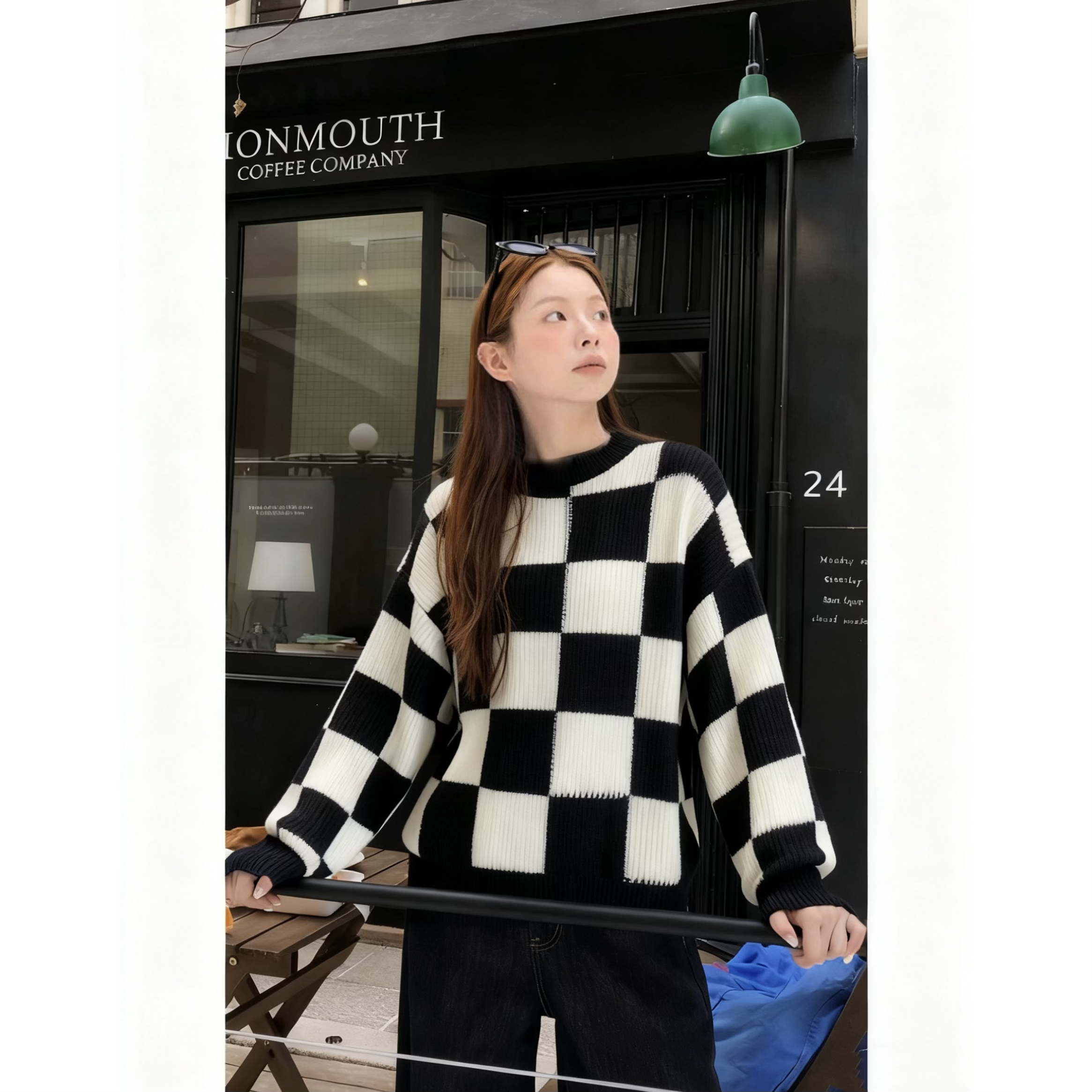 复古港风秋季新款棋盘格毛衣女气质宽松慵懒风针织衫上衣潮