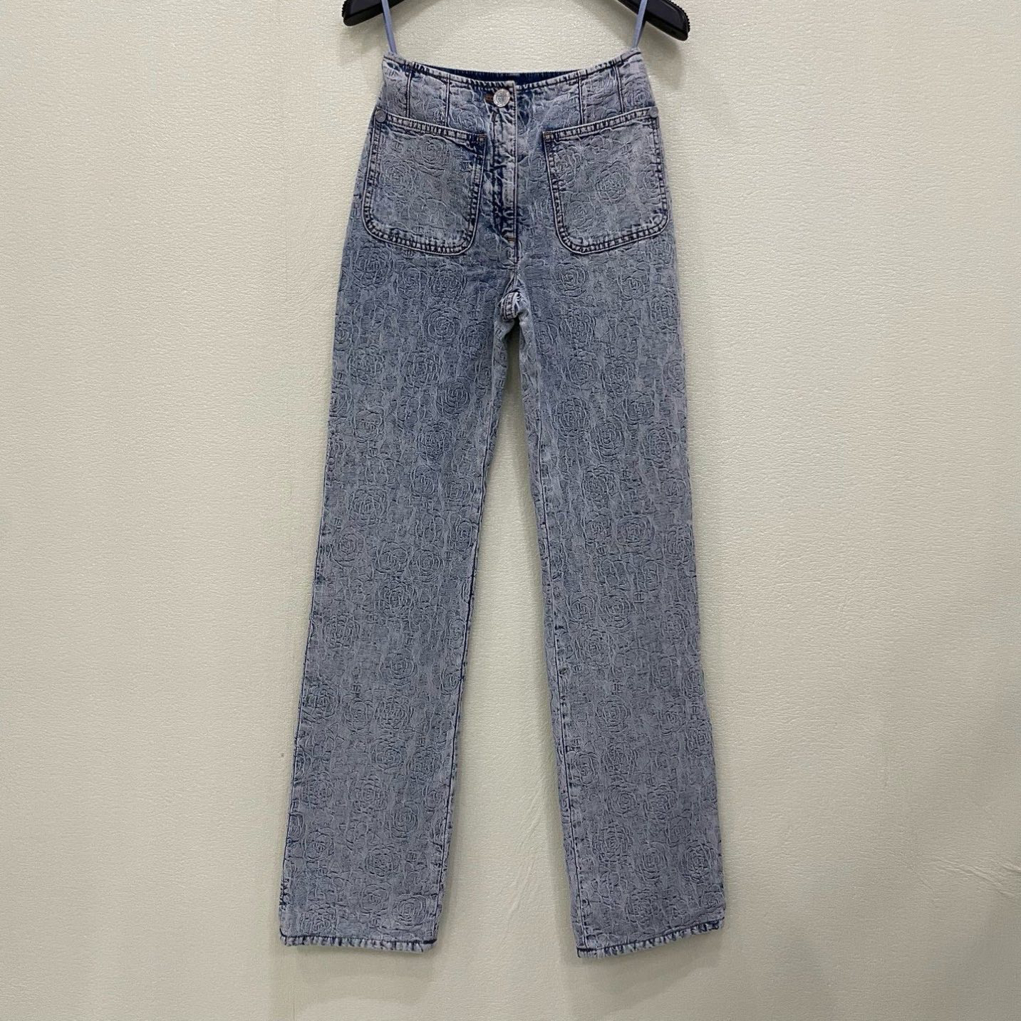 99新 Chanel/香奈儿 D500018/山茶花暗纹满印牛仔裤/34码