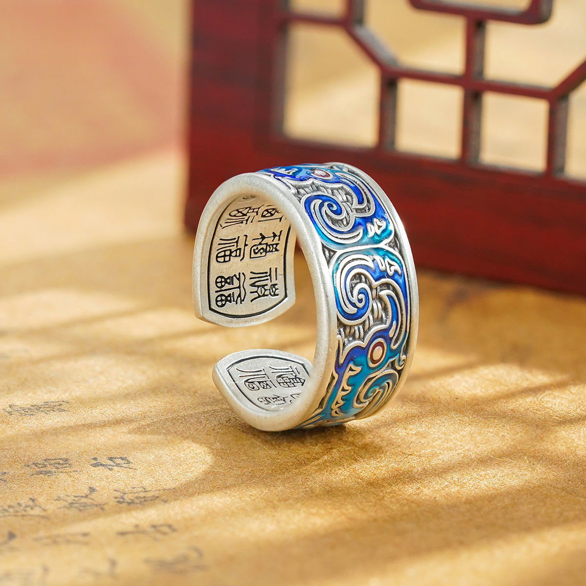 足银珐琅戒指 花生银铺「有凤来仪」彩凤鸟纹戒指足银999.9银戒古风