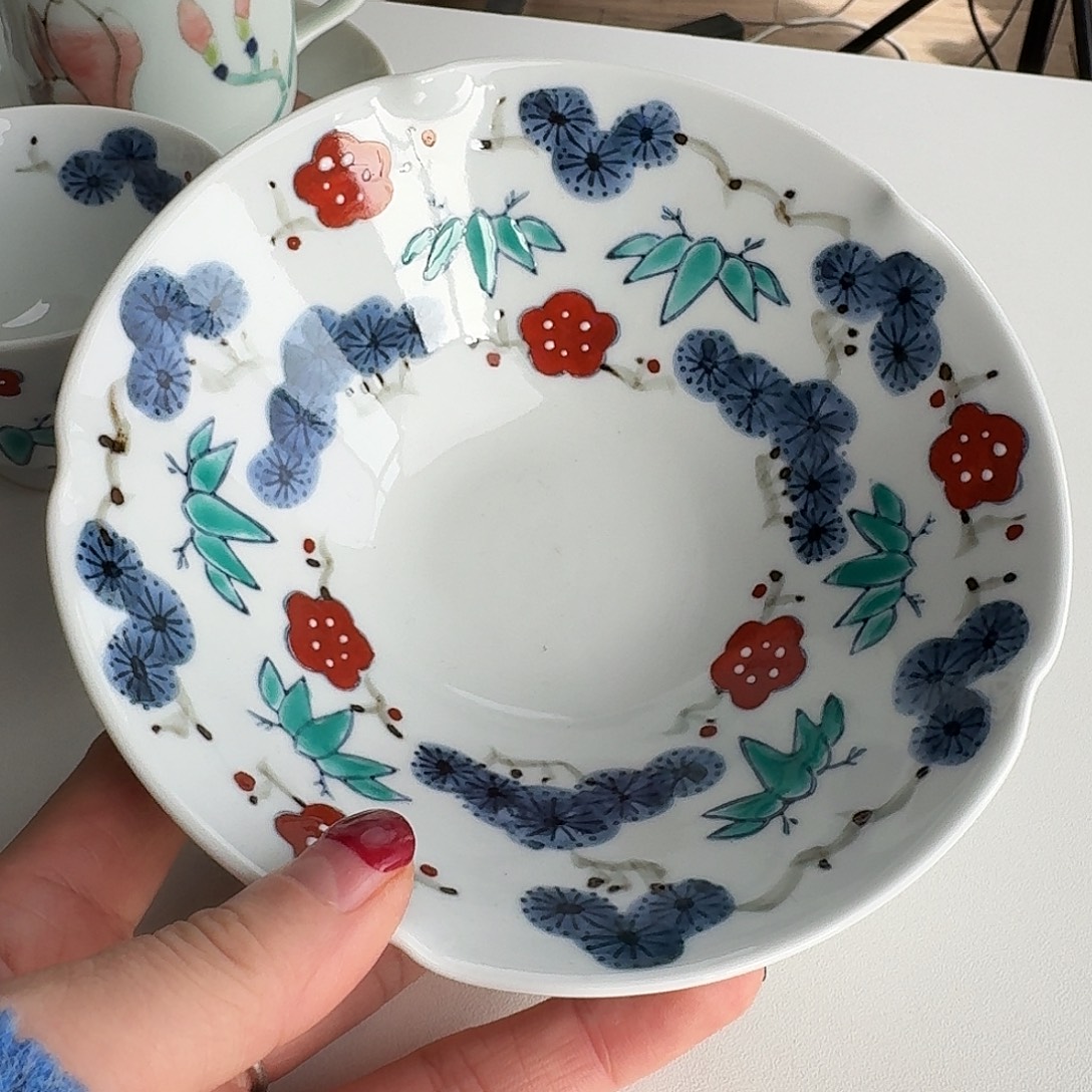 瓷片德七窑手绘松竹梅15厘米五方押钵