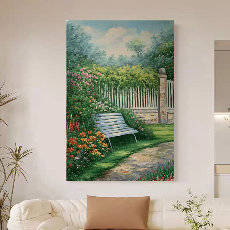 《花径闲椅》60*90含内框，刘春建手绘油画装饰画，客厅背景墙挂画
