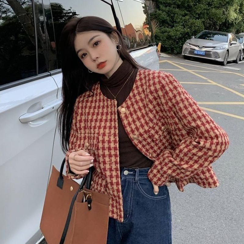 T千鸟格子小香风短款外套女春秋装新款韩版百搭减龄洋气潮流外套