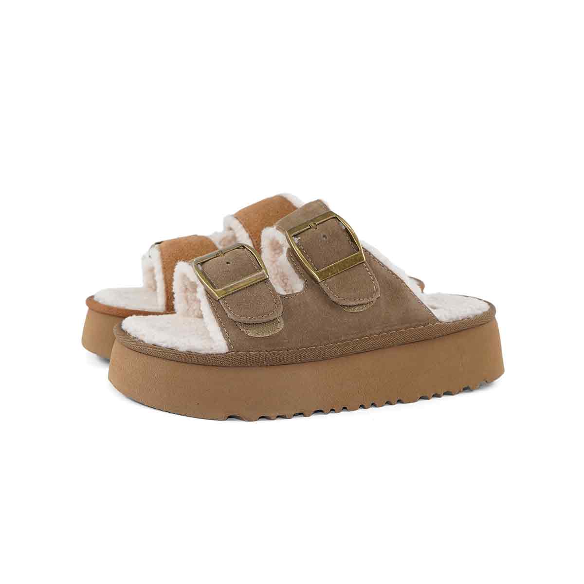 【广州唯品】新款厚底松糕皮带扣毛毛女拖鞋D10-2527A
