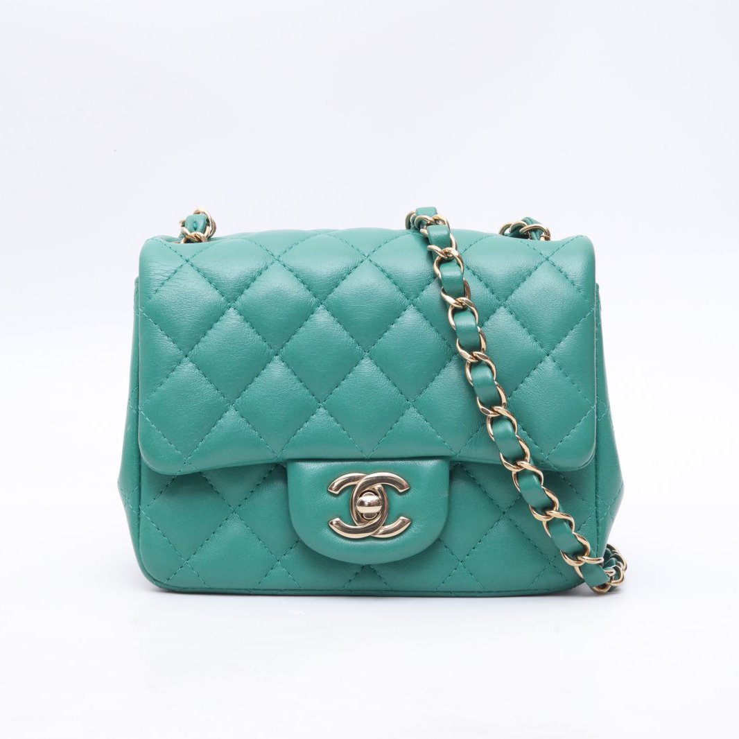 99新 Chanel/香奈儿 小花姑姑227273CF 口盖包 方胖子 17cm 绿色