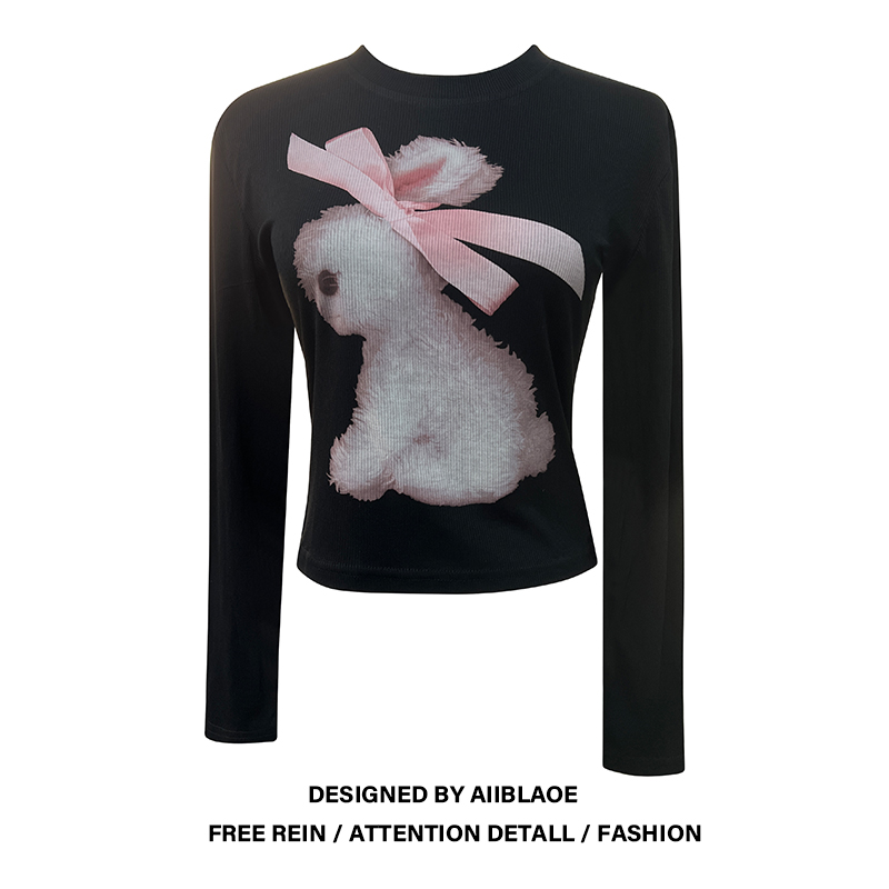 大码美式辣妹兔子印花正肩长袖t恤女秋冬加绒遮肉显瘦别致上衣潮