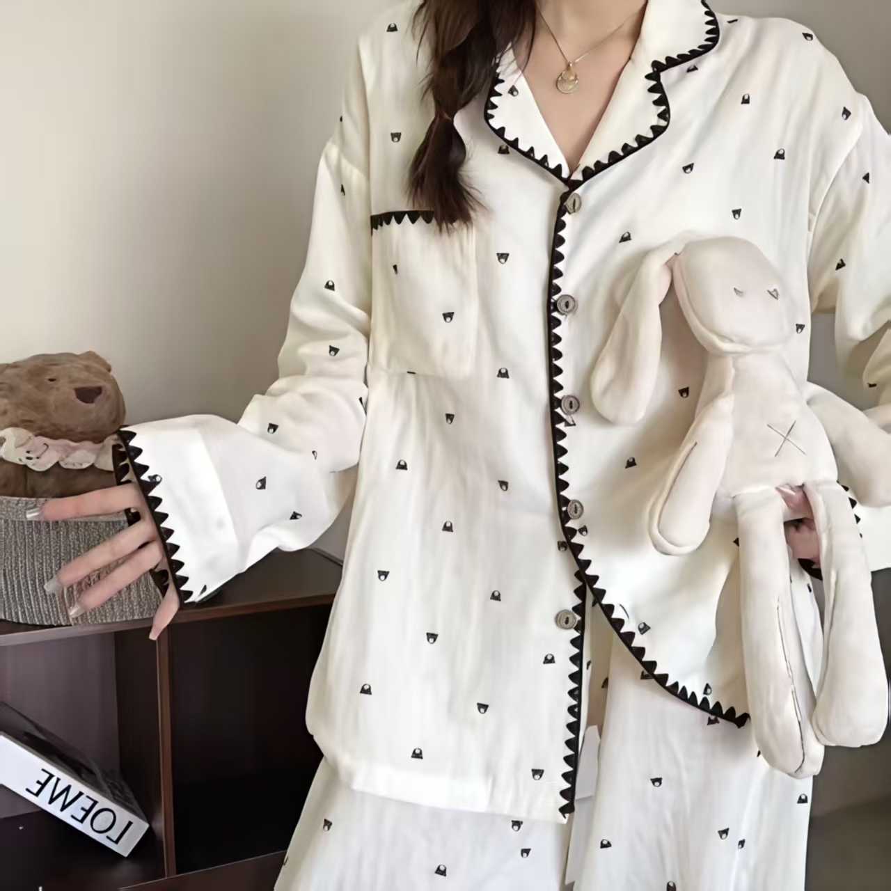 韩系ins简约印花小熊刺绣包边睡衣女秋季长袖可外穿家居服套装