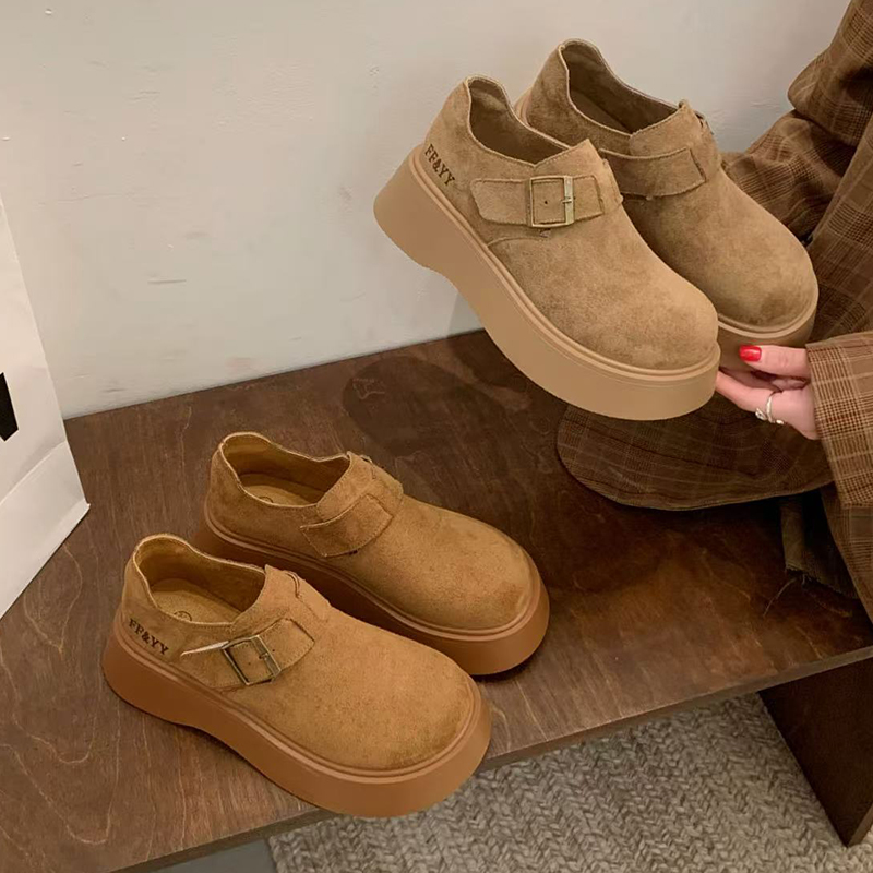 牛皮勃肯鞋女秋冬加绒时尚穿搭增高厚底一脚蹬复古鞋A-6609