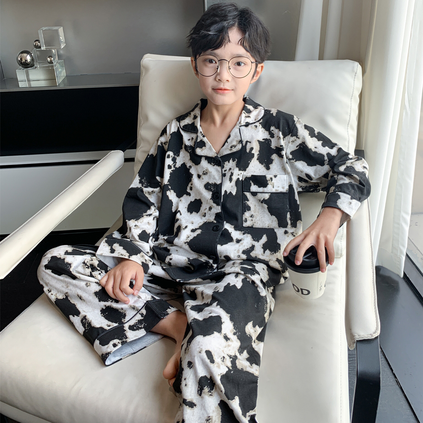 2025秋季新款男大童家居服儿童水墨印花国风纯棉睡衣两件套可外穿