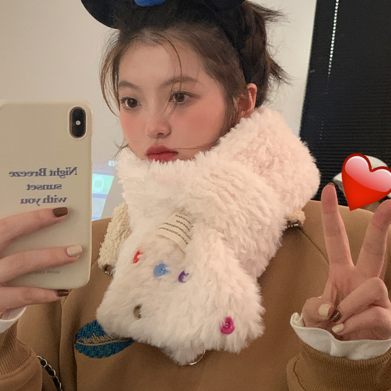 韩板时尚纽扣毛绒围巾女冬季加厚保暖百搭学生洋气围脖潮暖冬