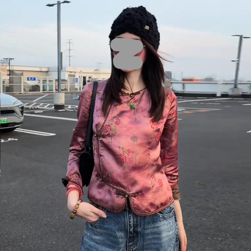 新中式国风盘扣九分袖衬衫女2025春秋新款时尚提花显瘦打底衫上衣