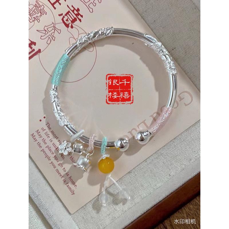 足银9999 繁花似锦纯银手镯女多巴胺实心开口手工编织玲兰花流苏