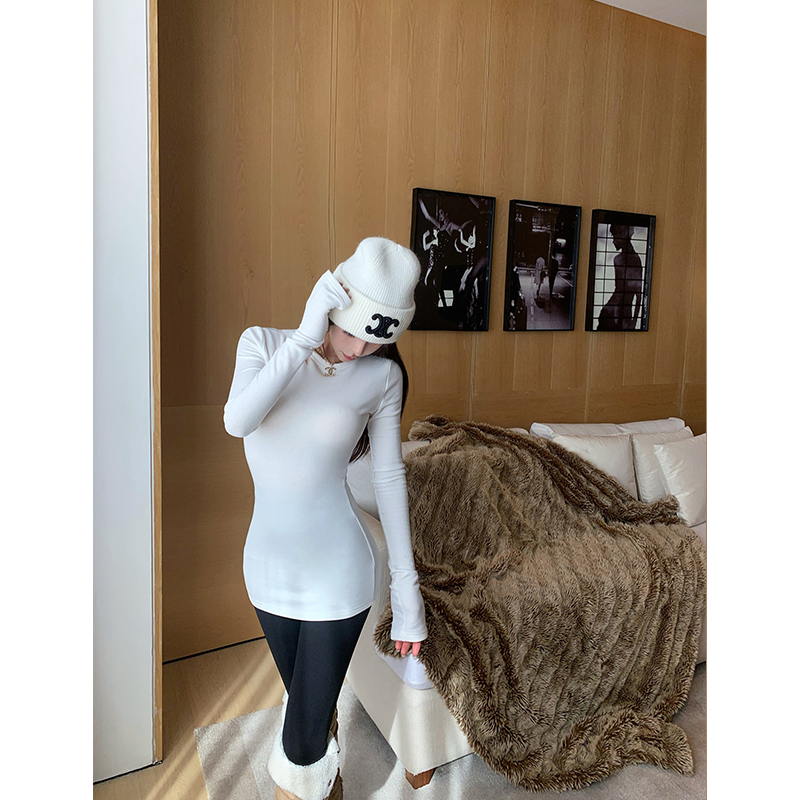  纯色基础款正肩长袖打底T恤女秋冬加绒圆领修身收腰显瘦上衣