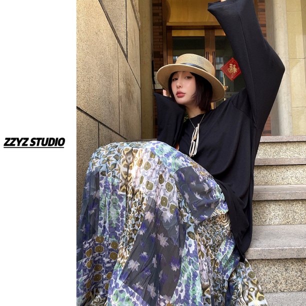 【ZZYZ】“少女慢旅”复古梦幻碎花设计感接拼高腰显瘦垂感半身裙