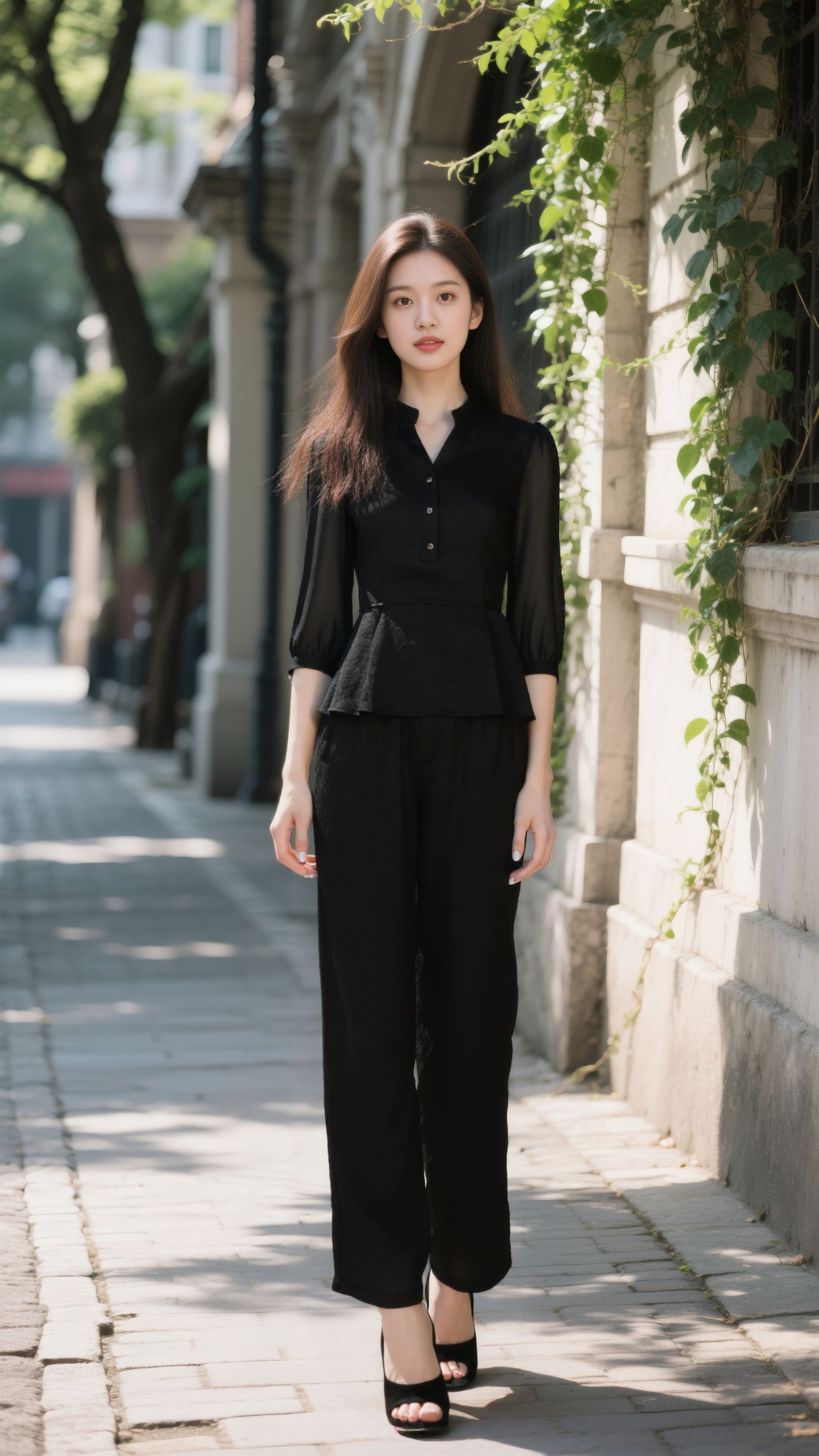 W607黑色圆领宽松型日常套装夏季复古