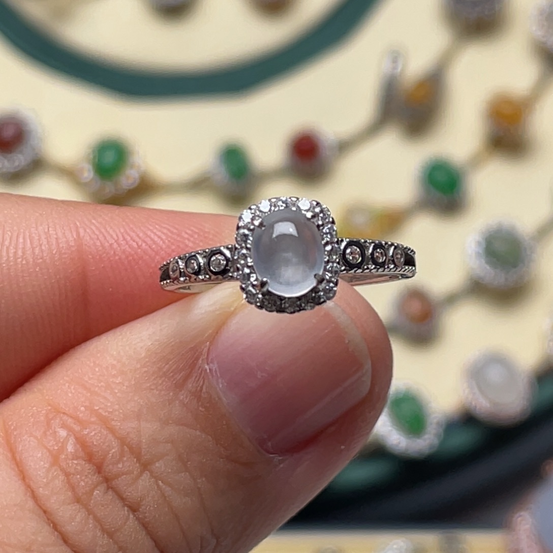 翡翠戒指银S925镶嵌纯天然缅甸翡翠