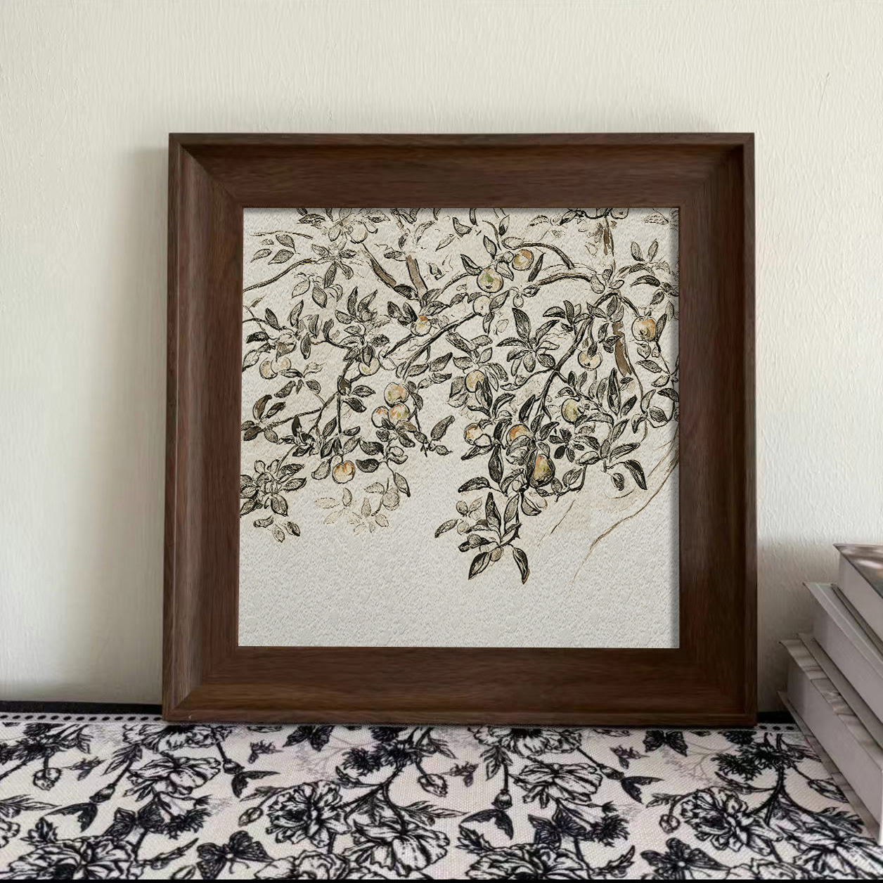 砂岩画复古风格线稿素描客厅沙发背景墙装饰画苹果树挂画