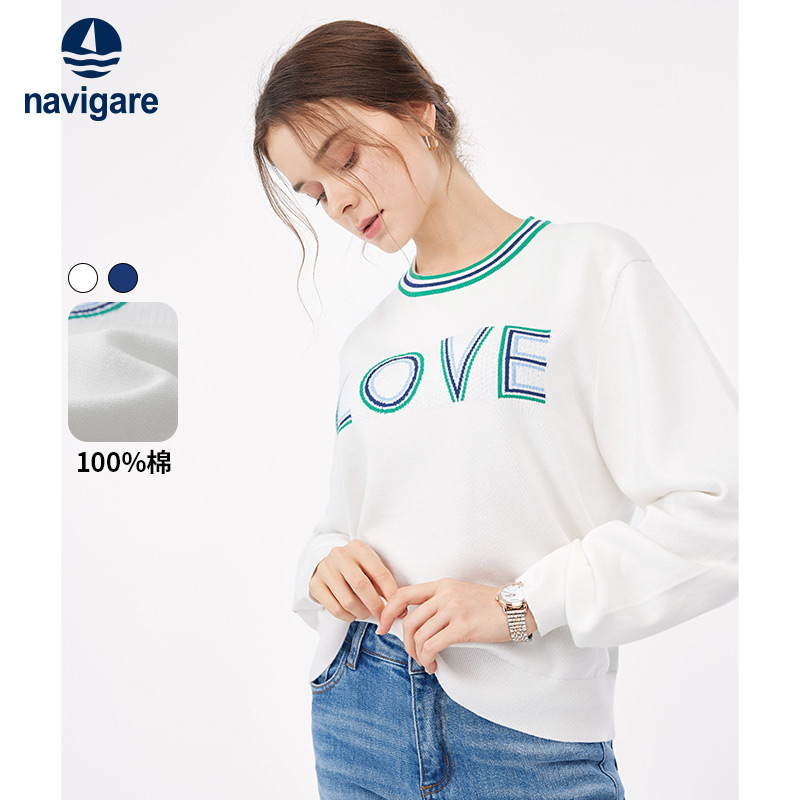 [纯棉]Navigare意大利小帆船蓝色圆领毛衣女冬季新款针织打底衫