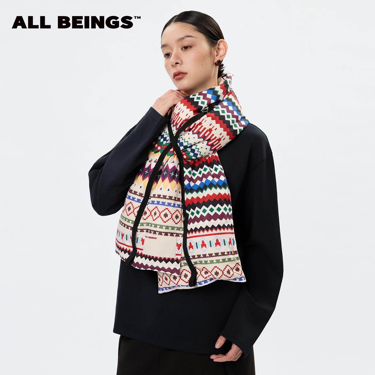 ALL BEINGS25AW设计师新款保暖费尔岛图案花束感鹅绒围巾