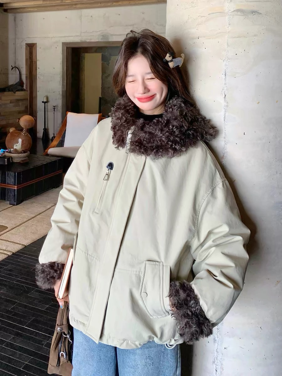 米满满-ZiZi-30368-洋气翻领毛领百搭外套