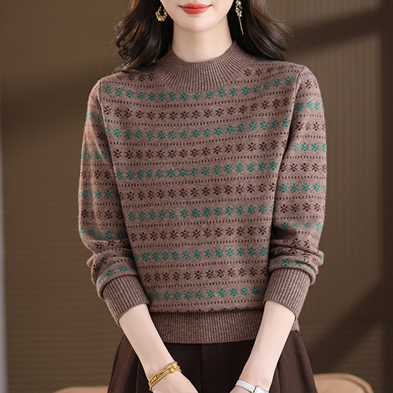 半高领螺纹保暖发热扎花毛衣圆领秋冬提花洋气针织长袖时尚百搭