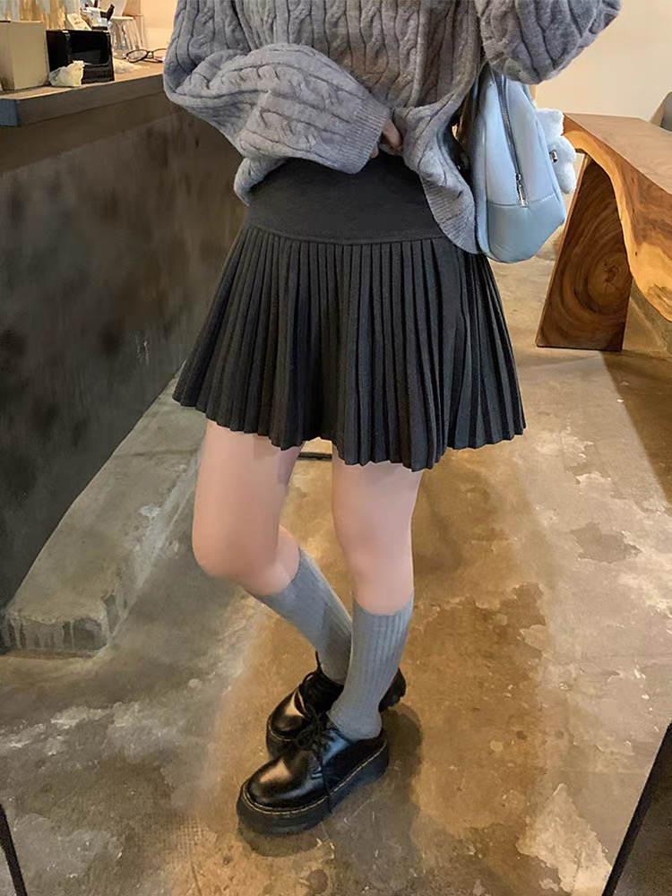 2025秋冬新款极简风百搭高腰显瘦裙子毛呢a字百褶裙半身裙女7125