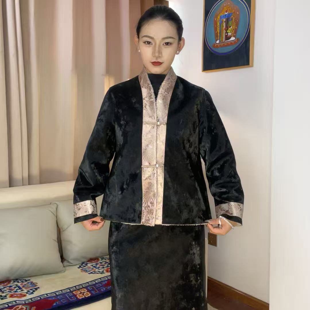 【藏吉家】～PU皮藏服冬季保暖藏式外套女民族风藏装女长款筒裙套装