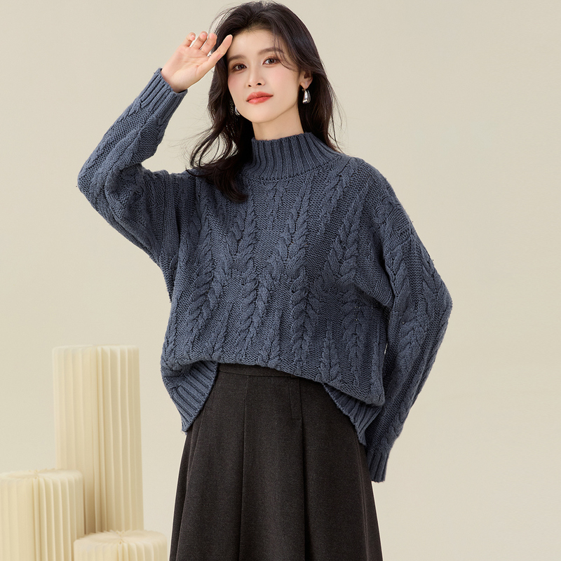 金菊【加厚含羊毛】25年秋冬粗针绞花半高领女士针织衫气质保暖宽松