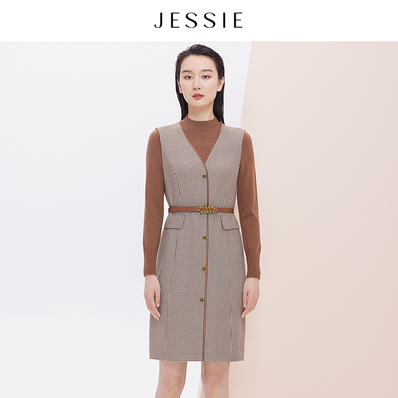 【粉丝专属】【商场同款】JESSIE复古撞色格子拼接假两件连衣裙女装20