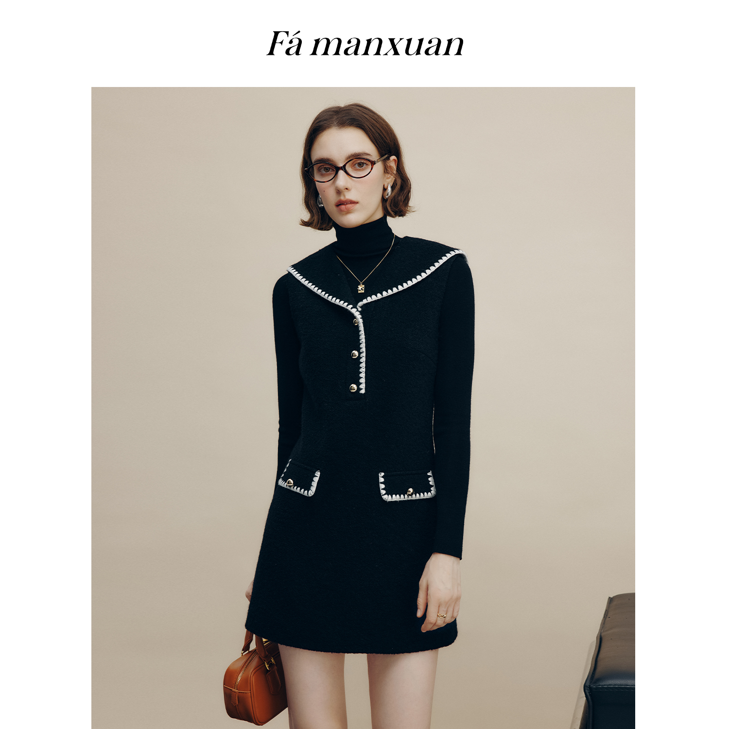 【王优秀专属】法曼萱航海系羊毛圈圈呢女冬季撞色贝壳绣连衣裙