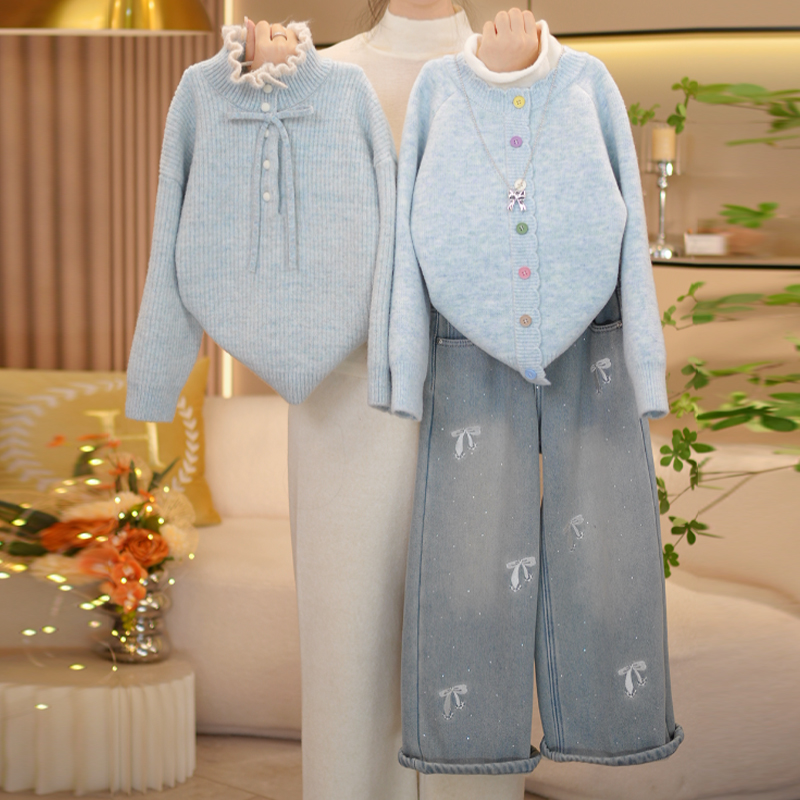 【闺蜜家】女童秋冬季2025新款时尚打底毛衣+加绒牛仔裤套装-9162