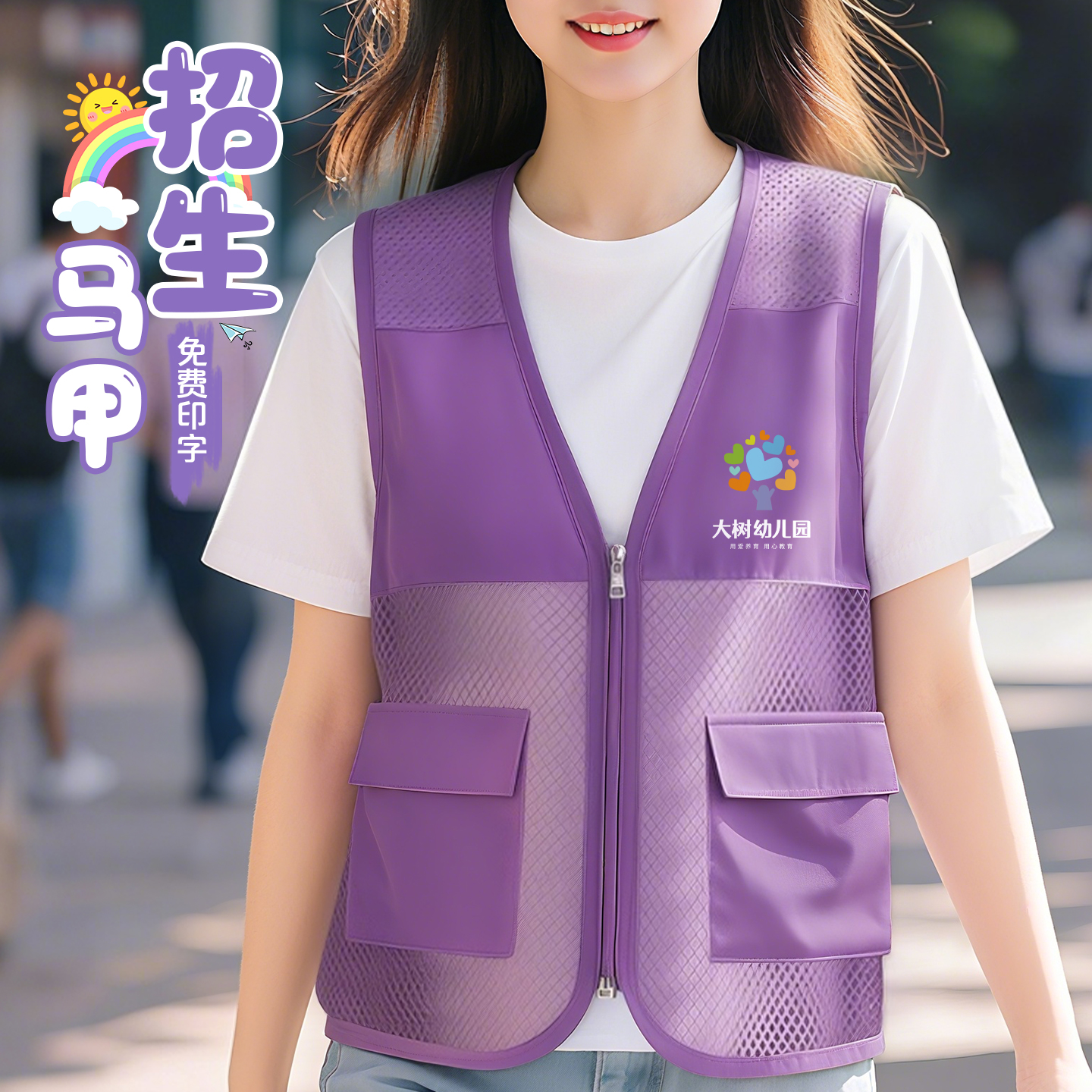 紫色马甲定制印logo工作服教育培训校园学生志愿者工装网眼背心夏