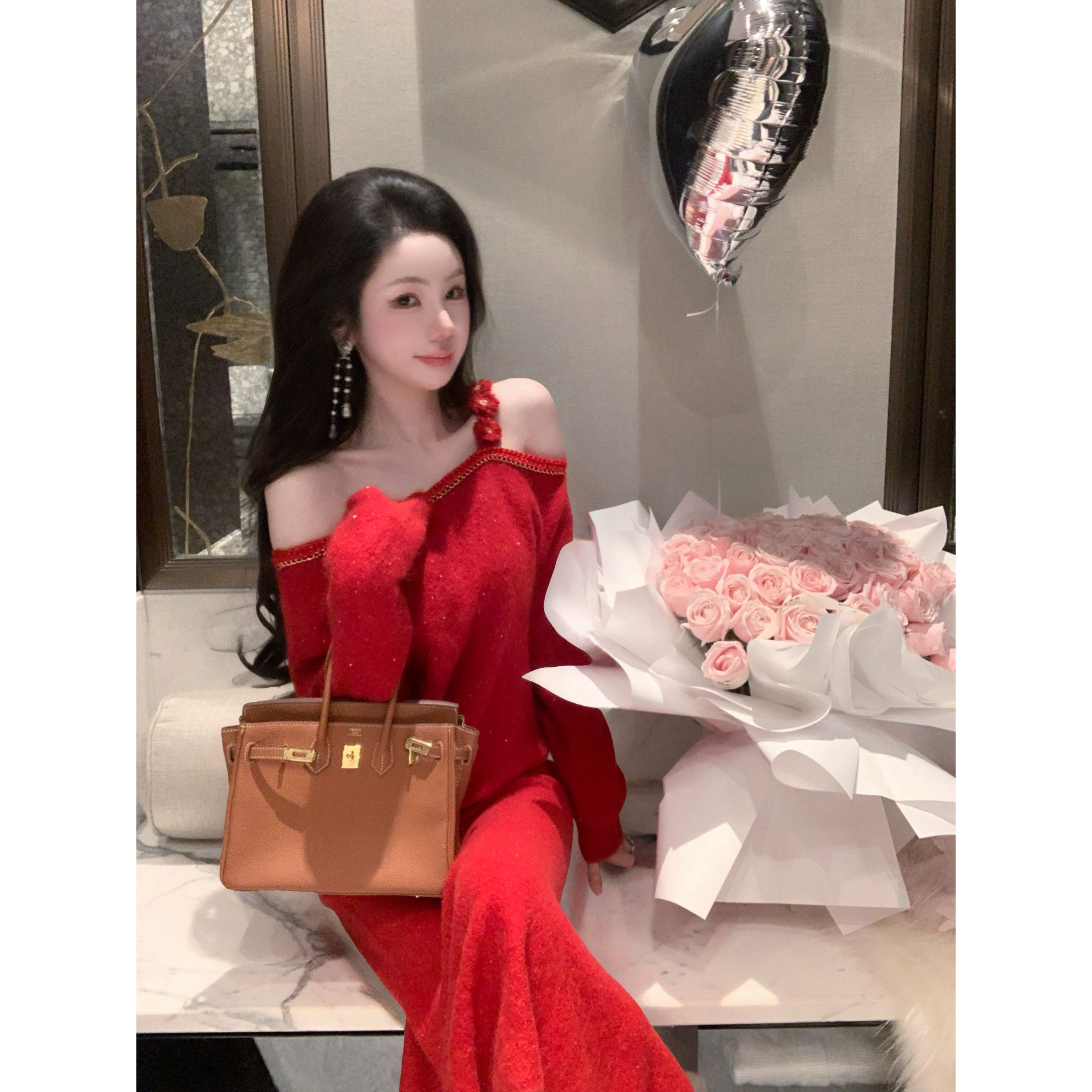 【雅乔定制】樱桃甜酒 红色羊毛针织套装女时尚两件套DYZY-25127901