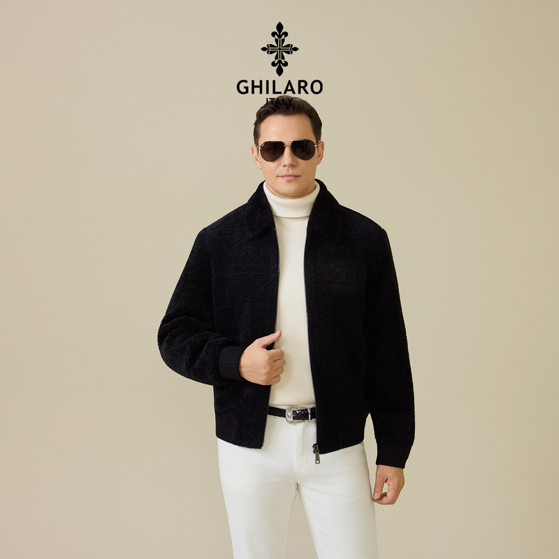 【专柜同款】古劳吉那诺休闲夹克秋冬男士刺绣羊剪绒翻领外套3124