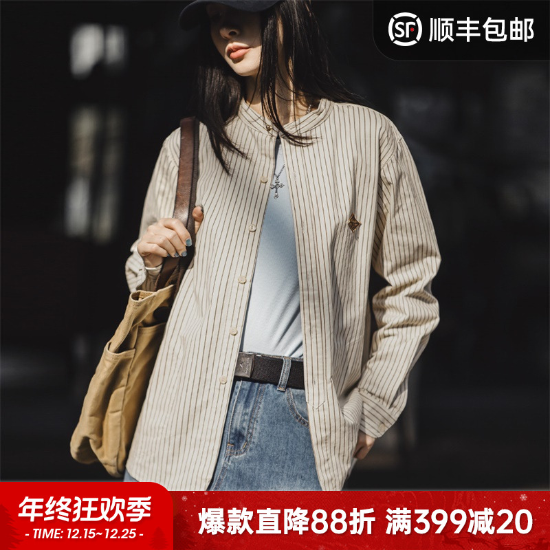 马登条纹立领衬衫知性风衣服纯棉衬衣日系设计感宽松长袖上衣外套