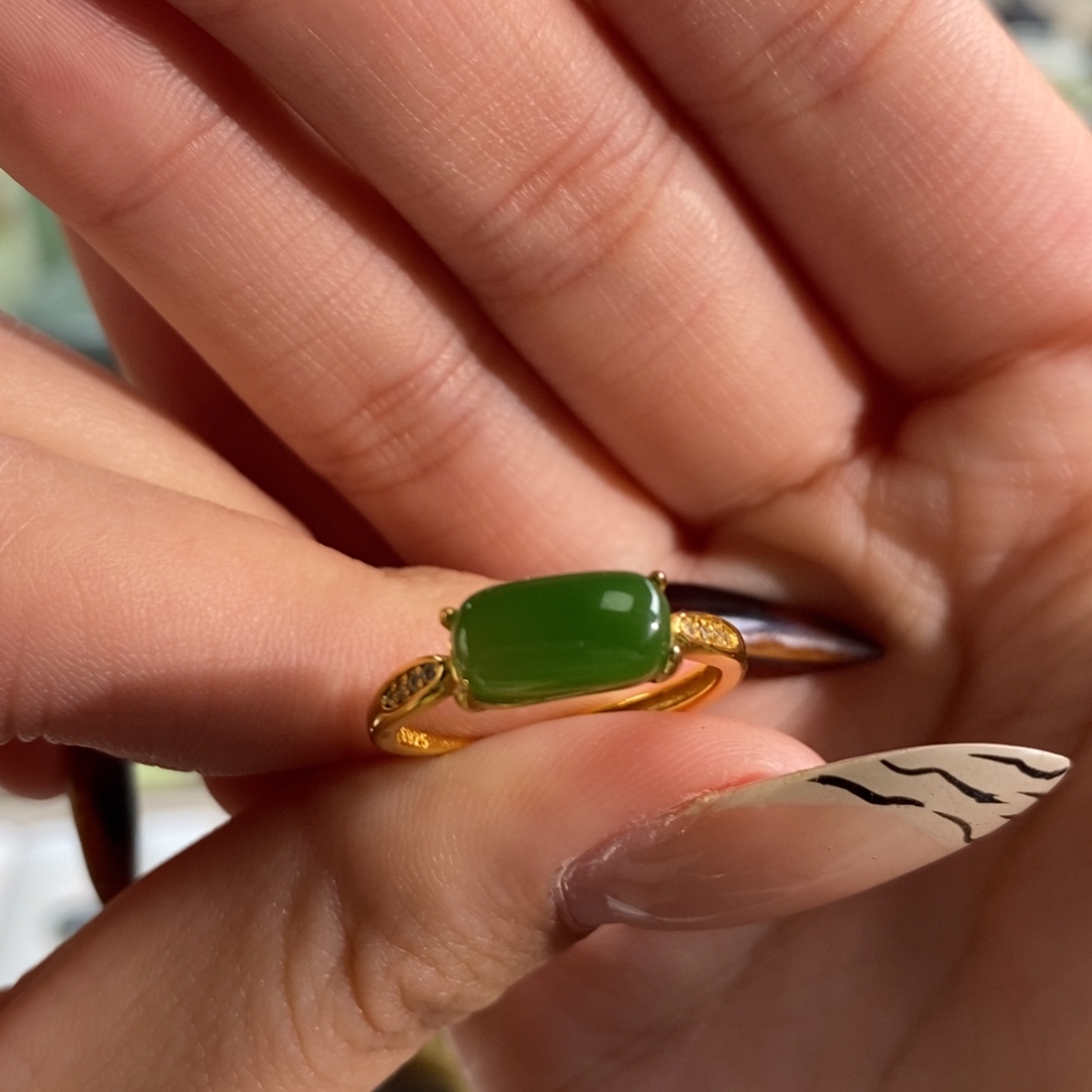 习***和田玉（碧玉）银S925镀金镶嵌戒指碧玉苹果绿戒指