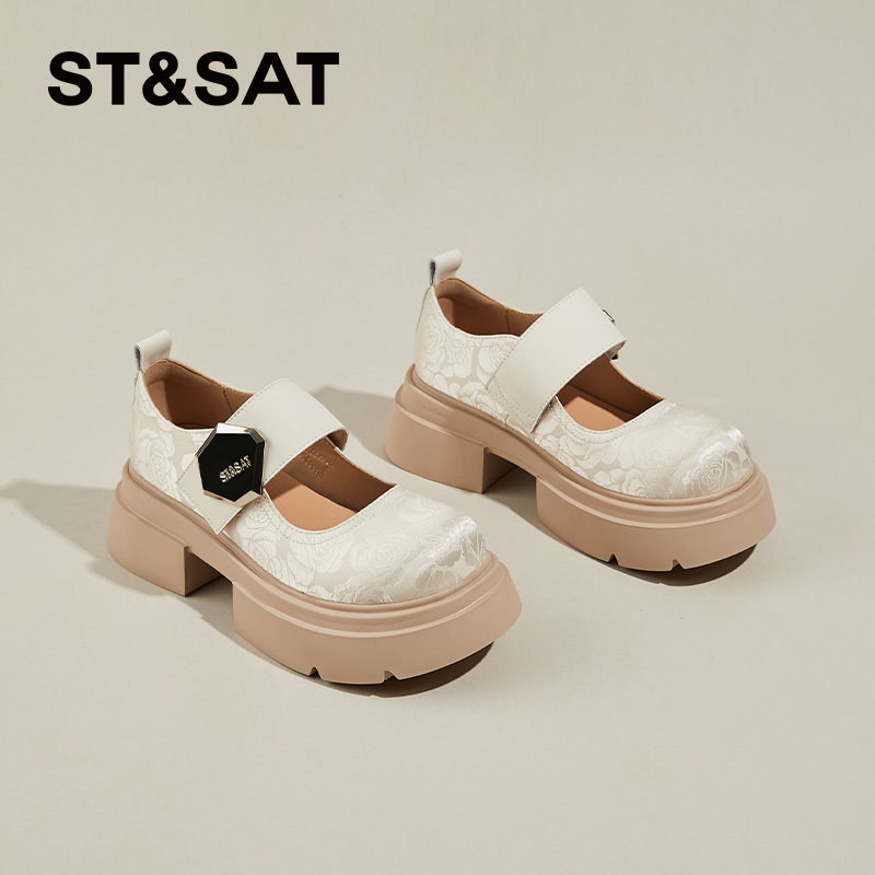 星期六新中风厚底浅口单鞋女2025年春季新款粗跟魔术贴玛丽珍鞋