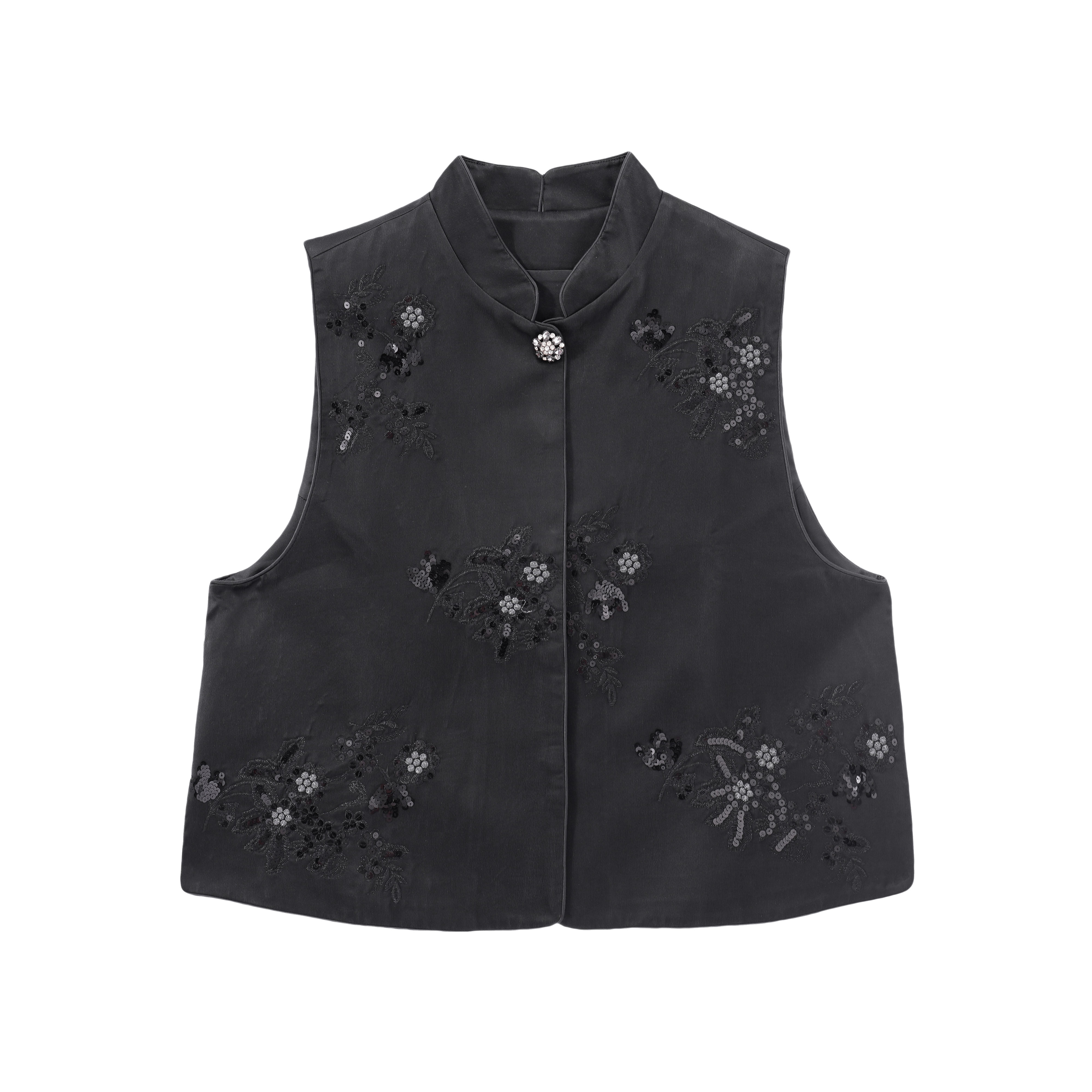 霄月-YM86501新中式香云纱桑蚕丝马甲时尚中国风气质提花复古