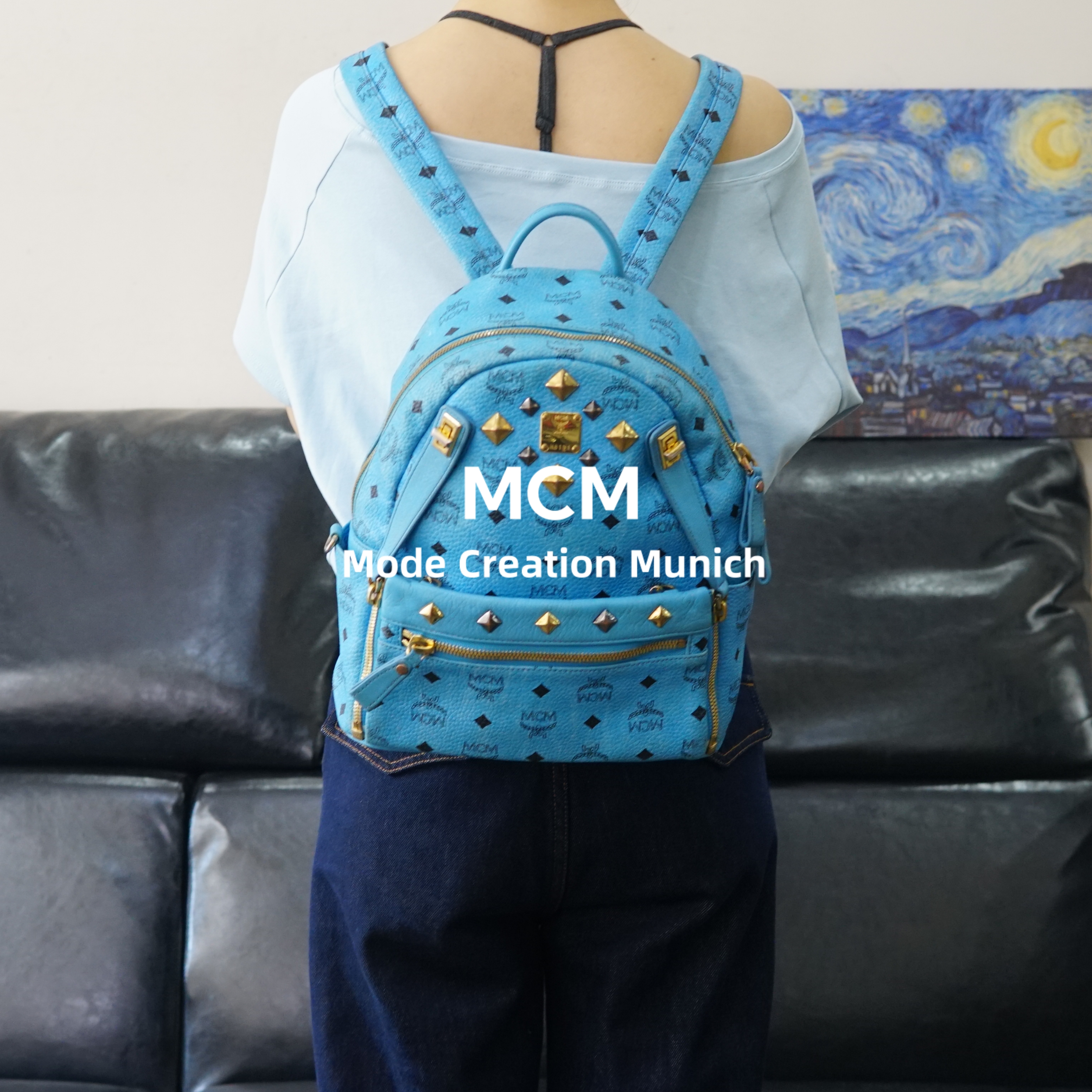 95新 MCM 蓝色双肩包/SD05522523/2523