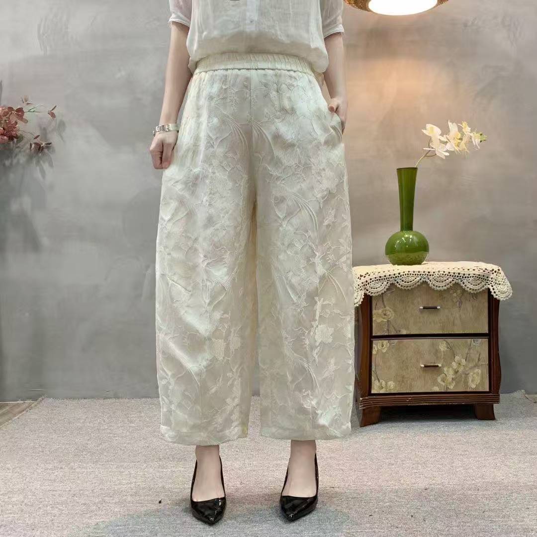新中式国风九分提花阔腿裤女2025年新款百搭显瘦休闲裤小脚裤352