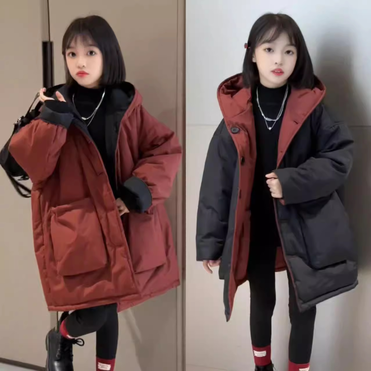 女童双面穿棉服韩版高级感中长款大口袋连帽加厚棉衣洋气冬季外套