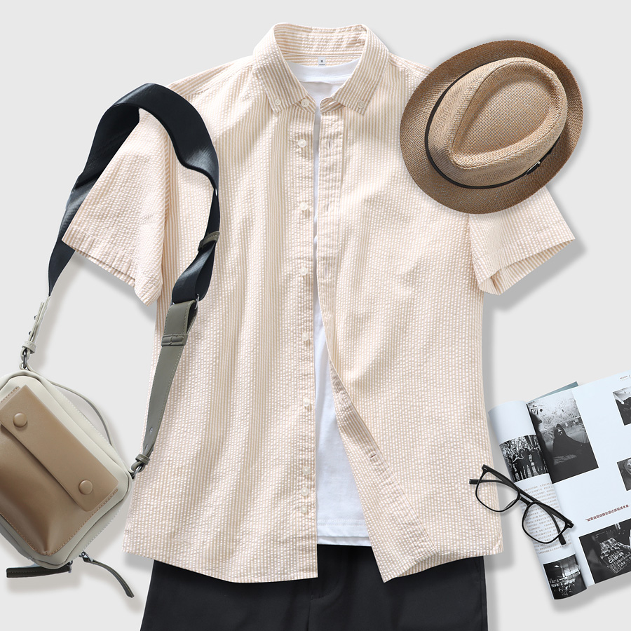 17号 60支全棉 休闲泡泡纱 夏季透气男士短袖衬衫