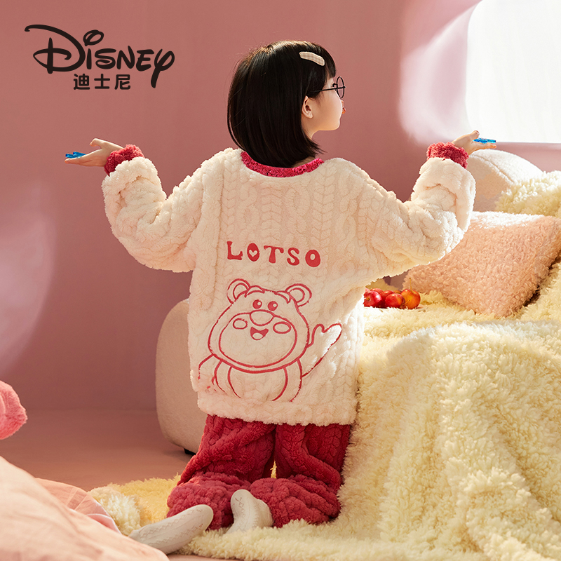 Disney/迪士尼女童冬季睡衣珊瑚绒草莓熊儿童圆领家居服套装4152