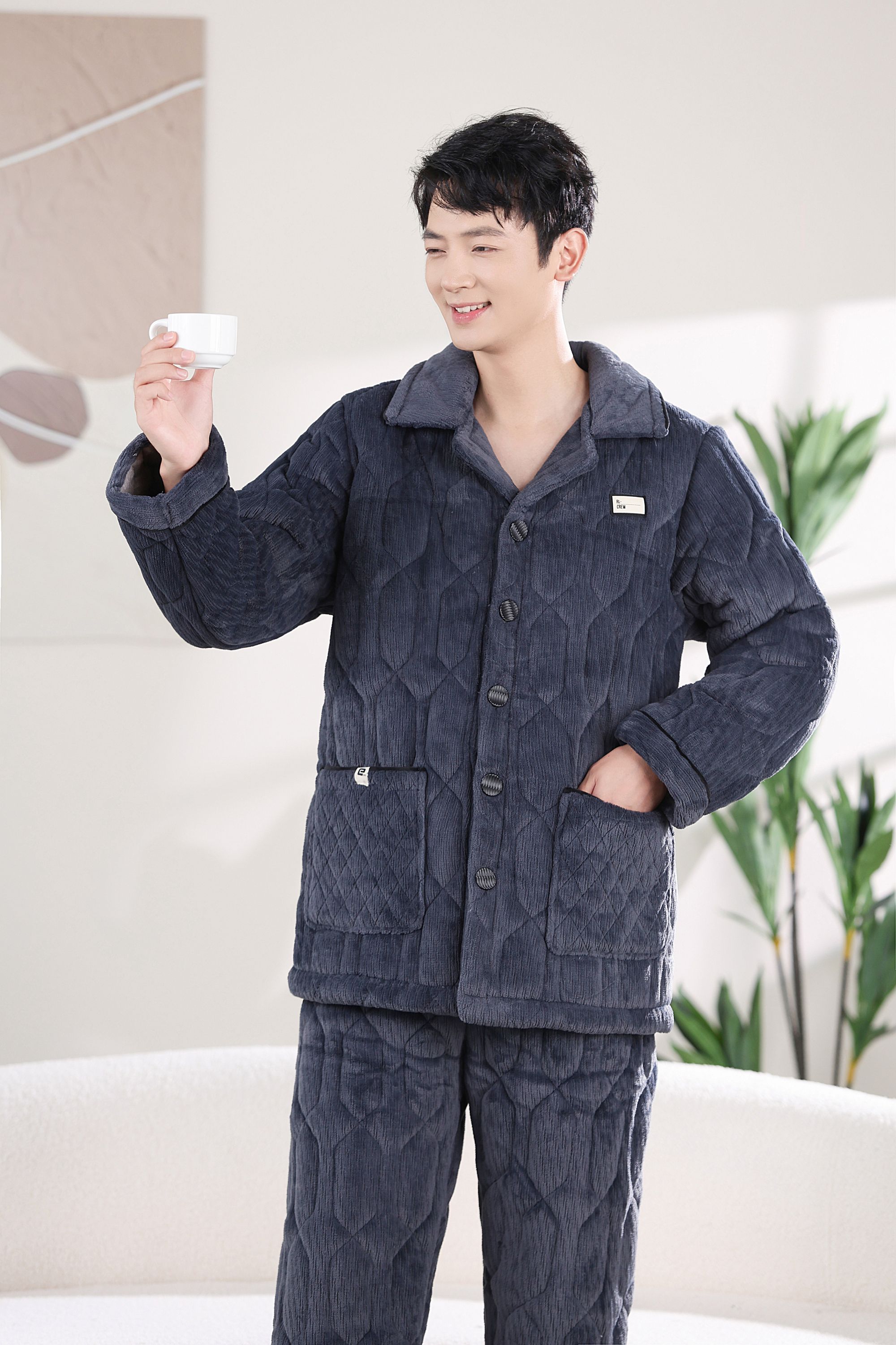 男士冬季睡衣三层夹棉加厚保暖家居服套装家居服
